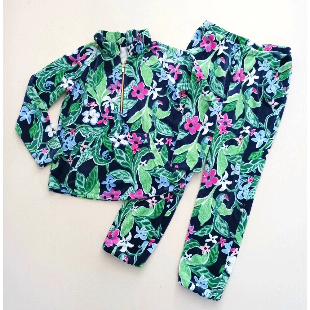 Lilly Pulitzer Velour Set Girls Little Skipper Popover /Mallie Pant L 9-10